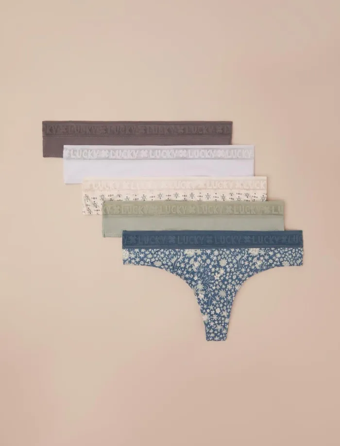 5 Pack Logo Trimmed Thong Dark Blue Women Lucky Brand Intimates and Sleepwear
