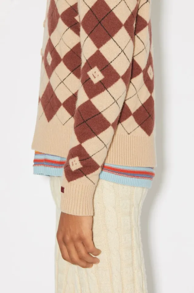 Acne Studios Argyle Jacquard Cardigan Biscuit Beigedeep Red Men Knitwear