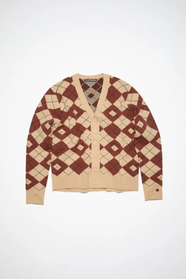 Acne Studios Argyle Jacquard Cardigan Biscuit Beigedeep Red Men Knitwear