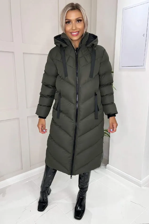 AX Paris Coats 038 Jackets Khaki Hooded Puffer Coat With Zip Front Pockets