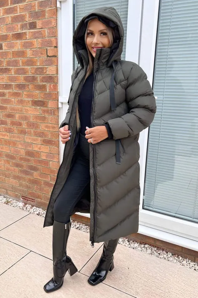 AX Paris Coats 038 Jackets Khaki Hooded Puffer Coat With Zip Front Pockets