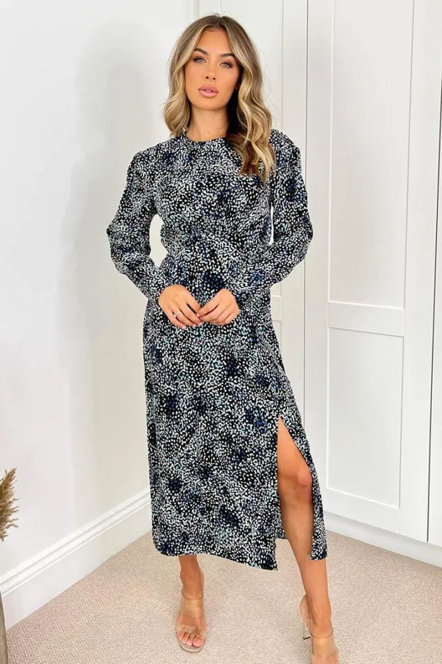 AX Paris Dresses Black And Blue Printed Long Puff Sleeve Midi Dress