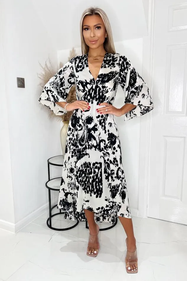 AX Paris Dresses Black And Cream Printed V Neck Bell Sleeve Midi Dress
