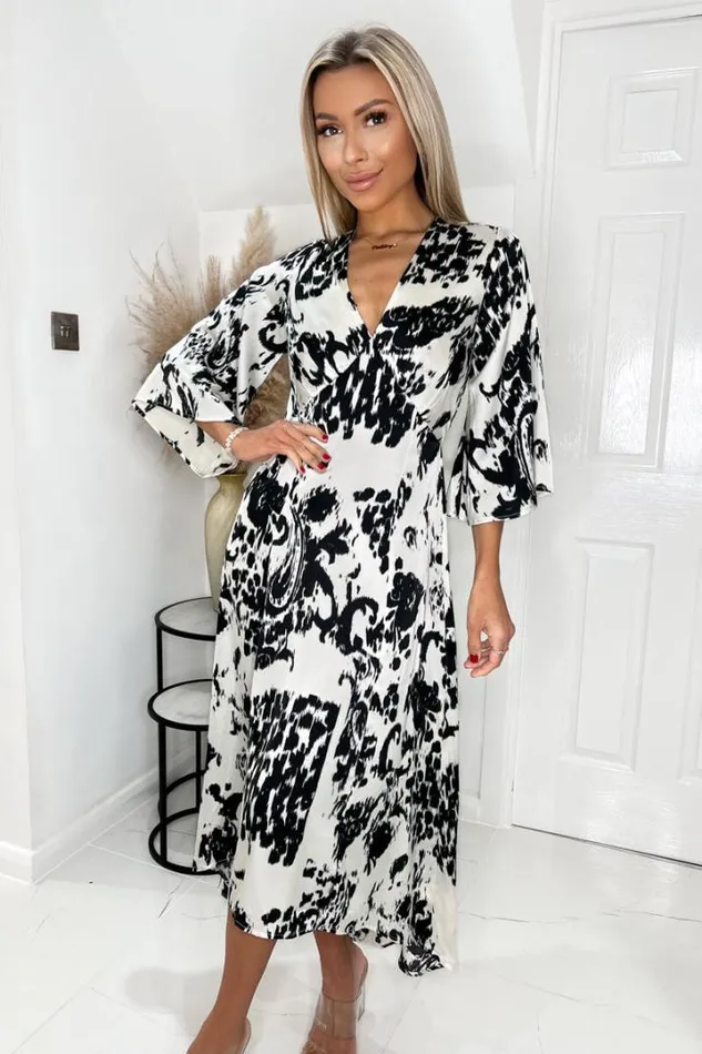 AX Paris Dresses Black And Cream Printed V Neck Bell Sleeve Midi Dress