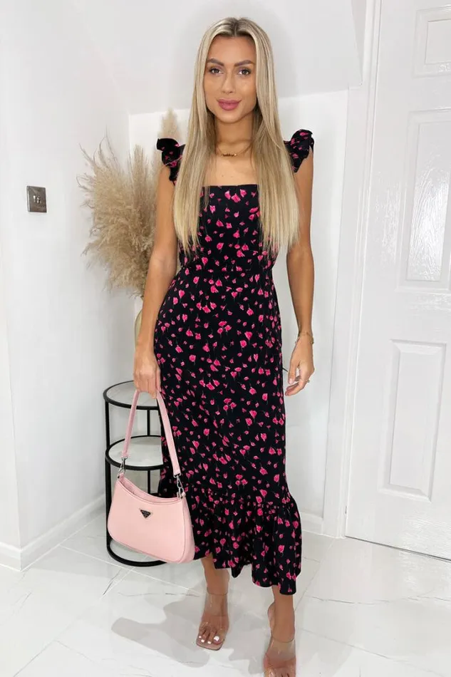 AX Paris Dresses Black And Pink Floral Printed Frill Strap Midi Dress