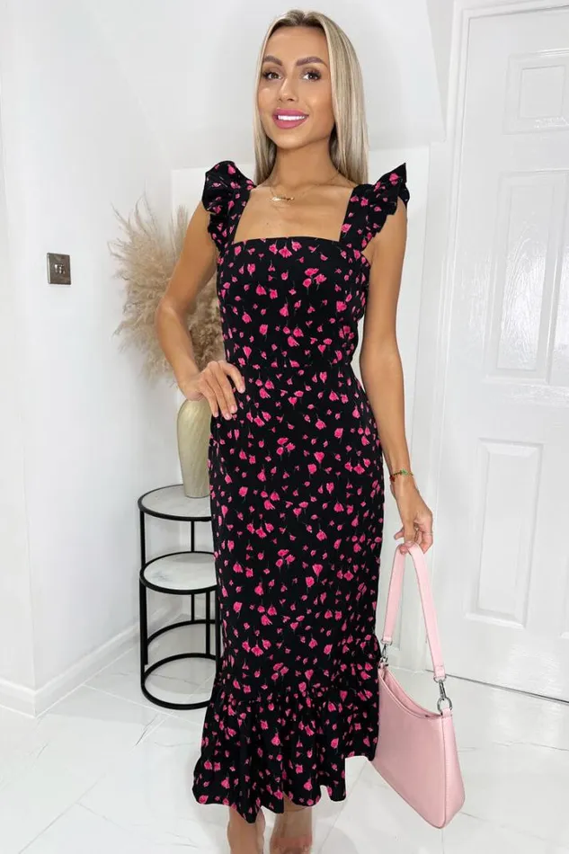 AX Paris Dresses Black And Pink Floral Printed Frill Strap Midi Dress
