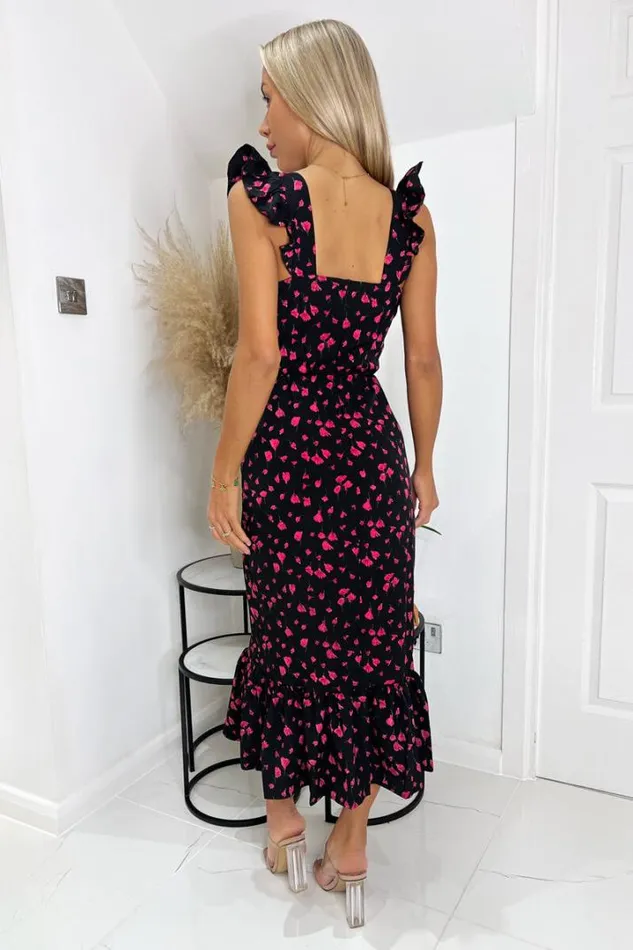 AX Paris Dresses Black And Pink Floral Printed Frill Strap Midi Dress