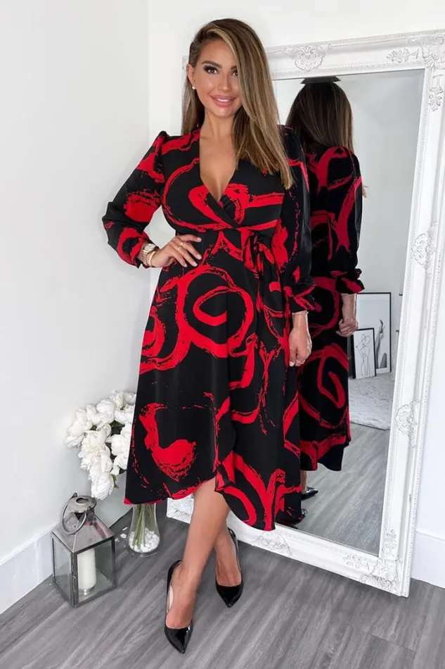 AX Paris Dresses Black And Red Long Sleeve Wrap Midi Dress
