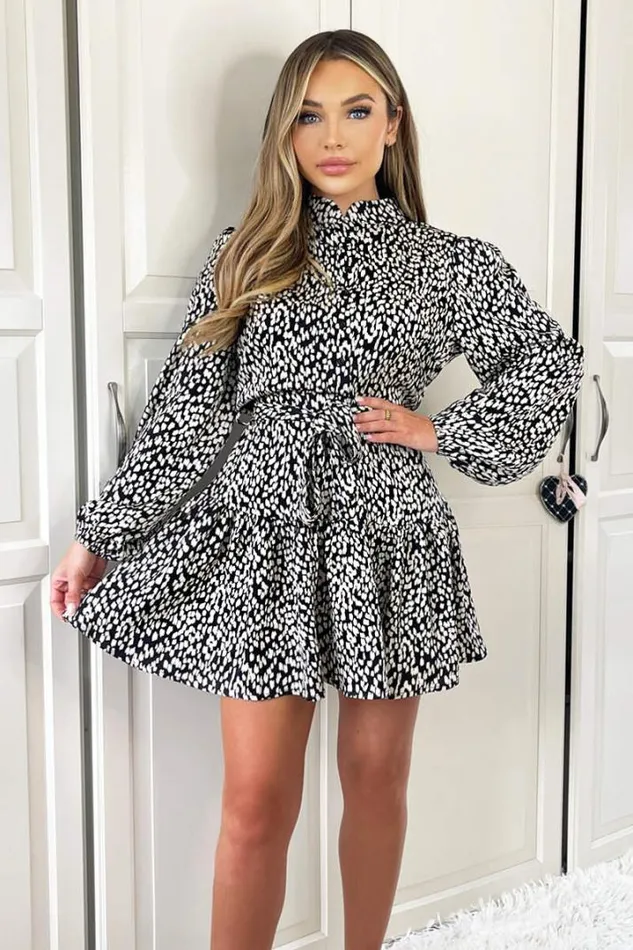 AX Paris Dresses Black And White Printed High Neck Button Front Mini Dress