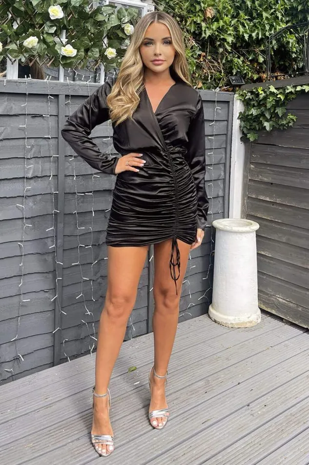 AX Paris Dresses Black Satin Long Sleeve Wrap Top Ruched Mini Dress