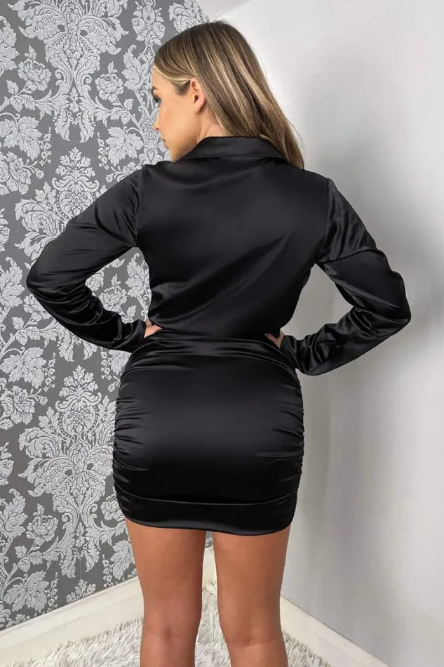 AX Paris Dresses Black Satin Long Sleeve Wrap Top Ruched Mini Dress