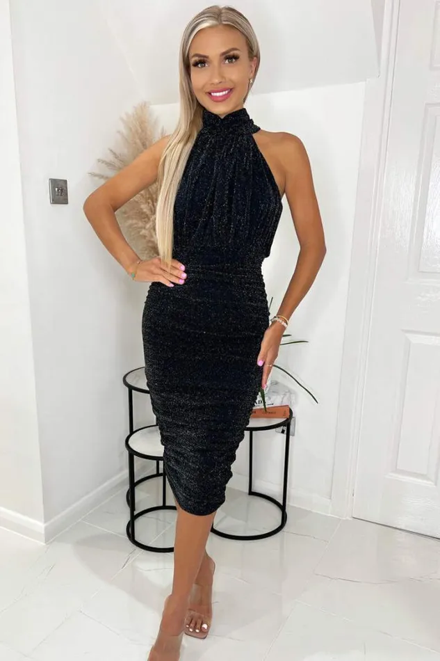 AX Paris Dresses Black Sparkle Cut In Neck Midi Dress
