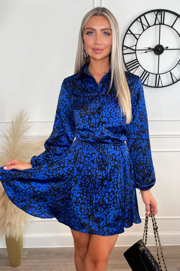 AX Paris Dresses Cobalt Animal Print Long Sleeve Tie Waist Collared Skater Dress