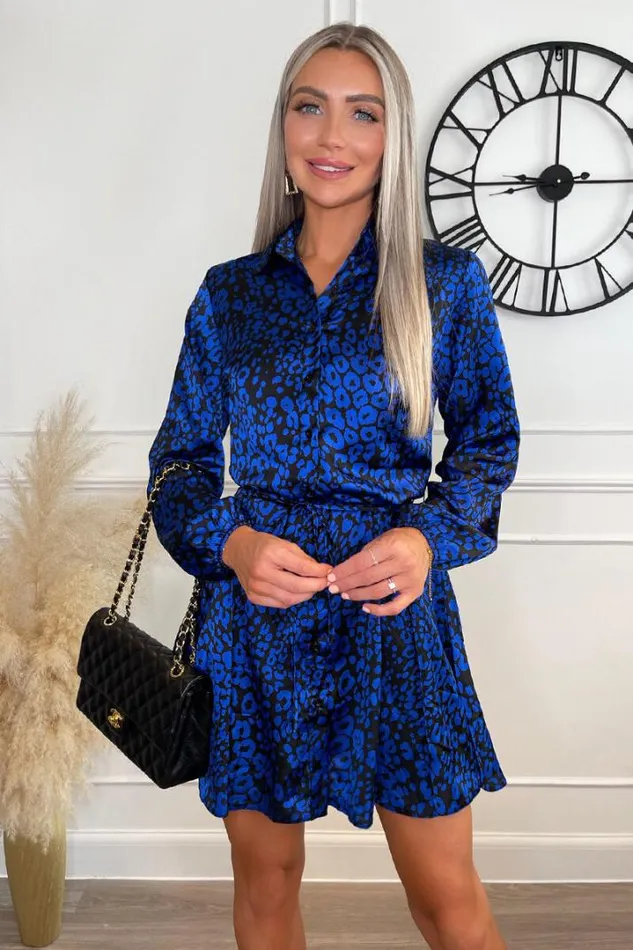 AX Paris Dresses Cobalt Animal Print Long Sleeve Tie Waist Collared Skater Dress