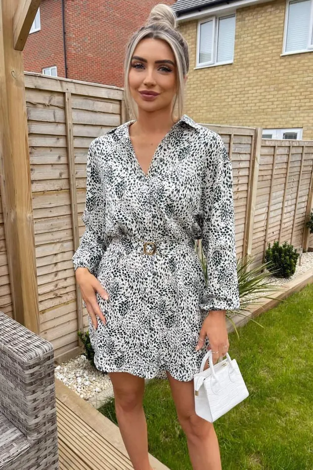AX Paris Dresses Cream And Green Printed Belted Shirt Dress