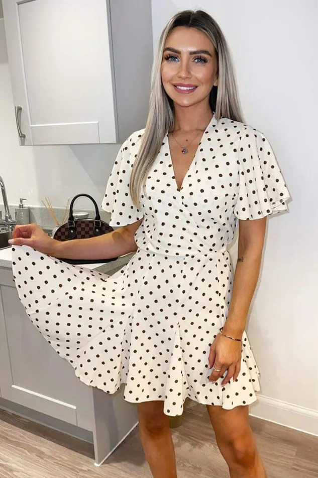 AX Paris Dresses Cream Spotty Butterfly Sleeve Pleated Mini Dress
