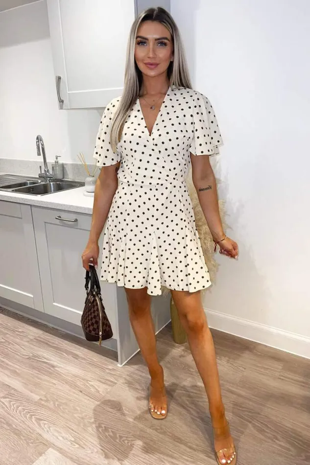 AX Paris Dresses Cream Spotty Butterfly Sleeve Pleated Mini Dress