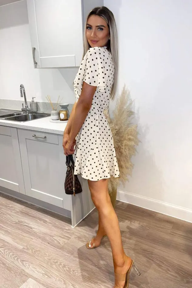 AX Paris Dresses Cream Spotty Butterfly Sleeve Pleated Mini Dress
