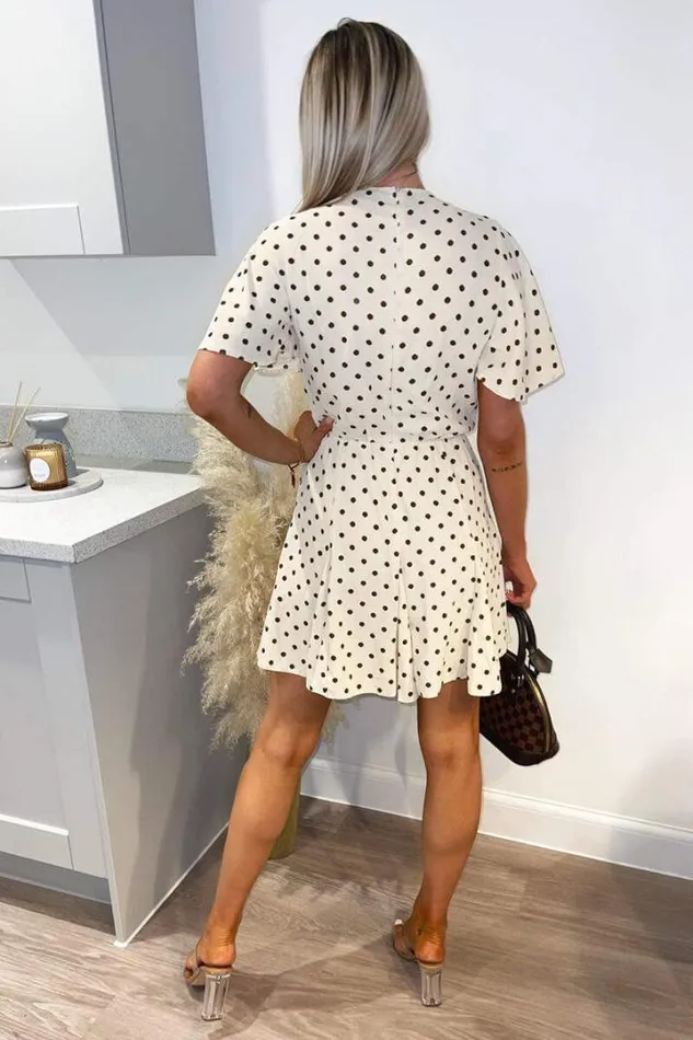 AX Paris Dresses Cream Spotty Butterfly Sleeve Pleated Mini Dress