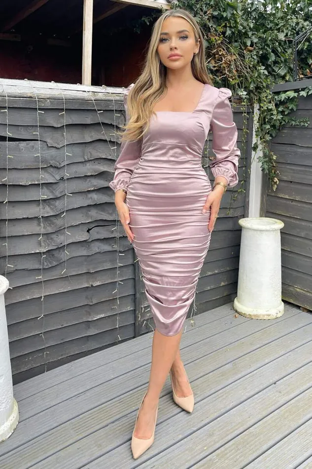 AX Paris Dresses Dusty Pink Satin Square Neck Ruched Dress