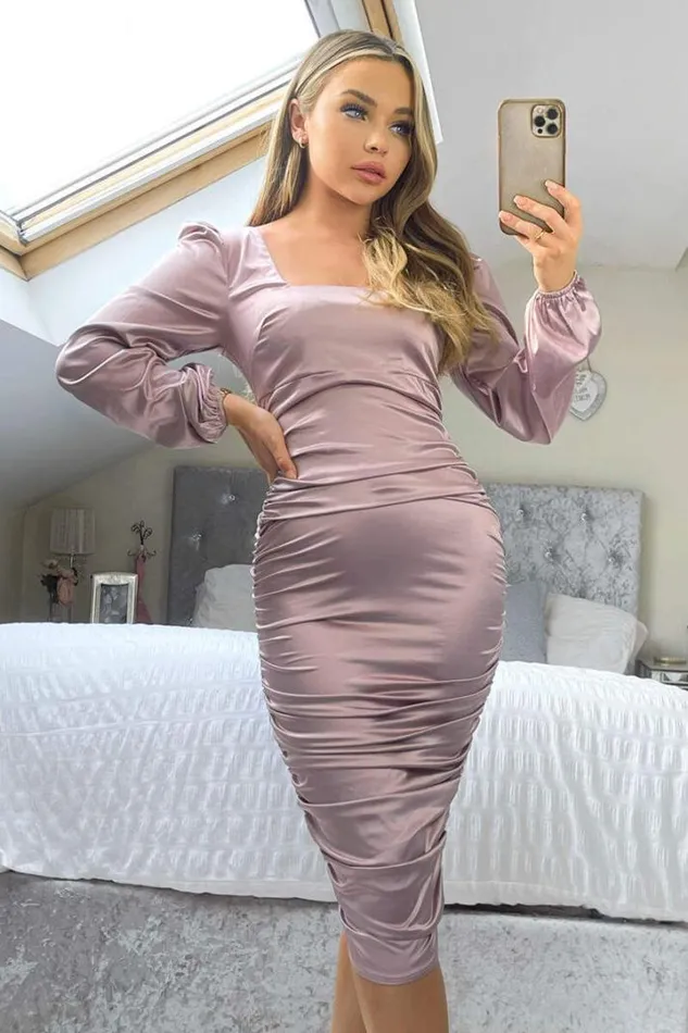 AX Paris Dresses Dusty Pink Satin Square Neck Ruched Dress