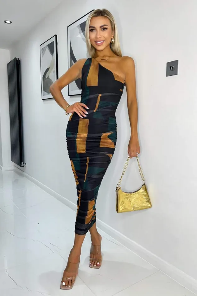 AX Paris Dresses Forest Geometric Print Mesh One Shoulder Bodycon Midi Dress