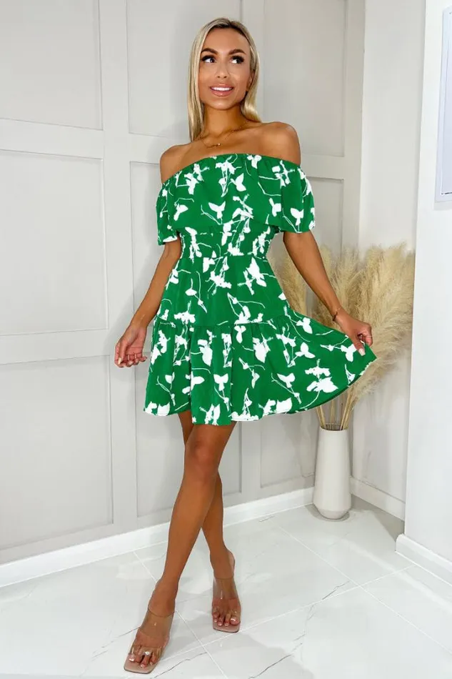 AX Paris Dresses Green And White Printed Bardot Style Mini Dress