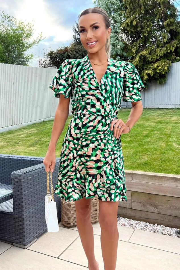 AX Paris Dresses Green Printed Wrap Frill Hem Mini Skater Dress