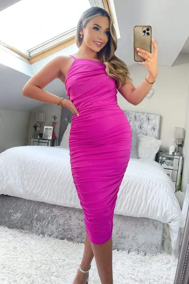 AX Paris Dresses Hot Pink Ruched Pleated Top Midi Dress