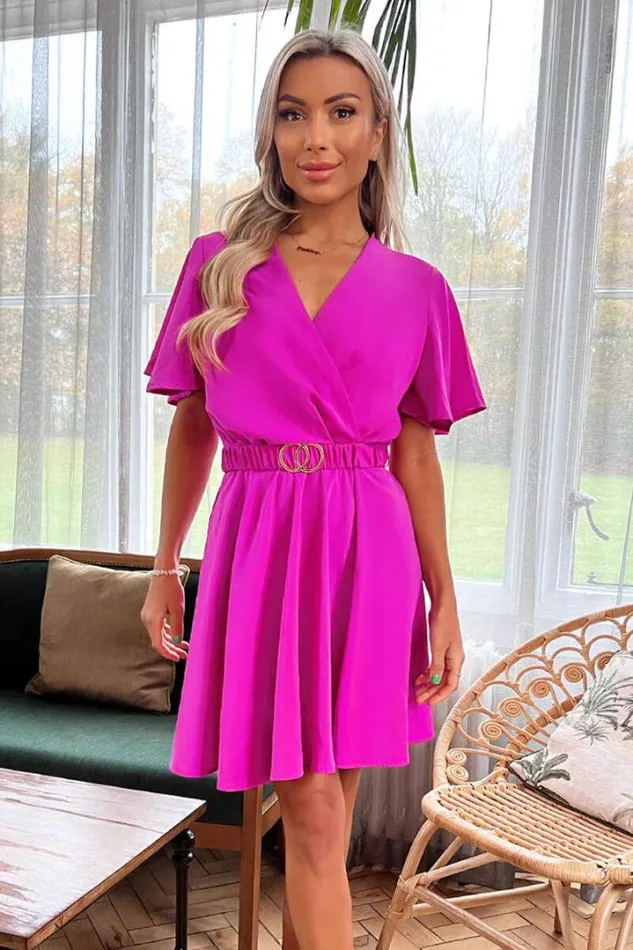 AX Paris Dresses Hot Pink Wrap Over Belted Skater Dress With Short Sleeves