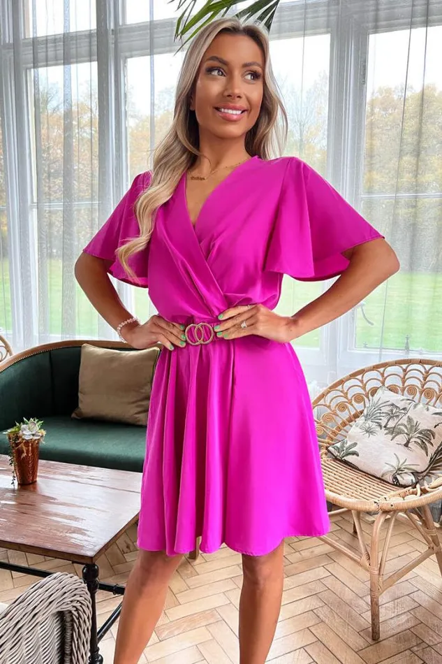 AX Paris Dresses Hot Pink Wrap Over Belted Skater Dress With Short Sleeves