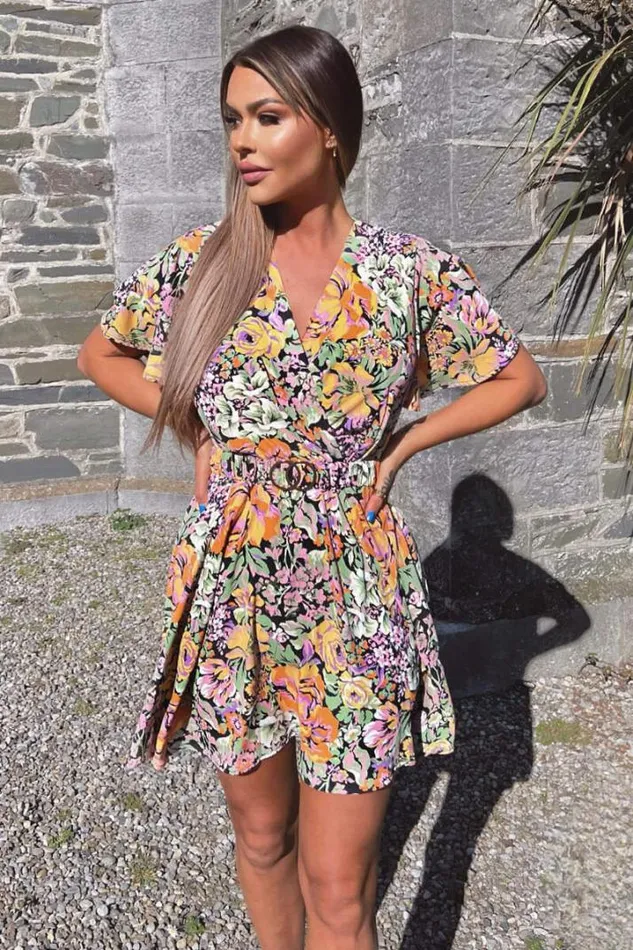 AX Paris Dresses Multi Floral Wrap Top Belted Skater Dress