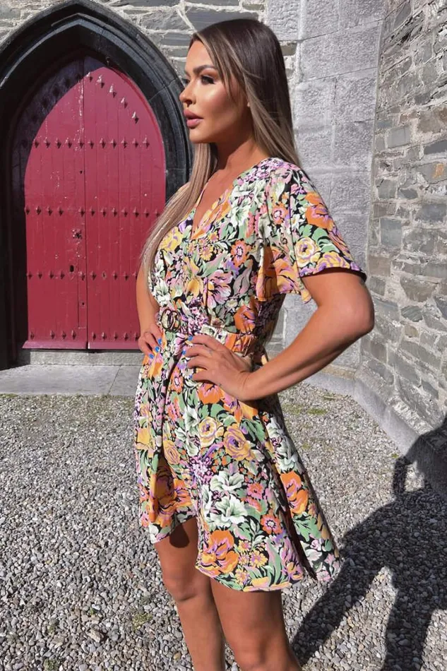 AX Paris Dresses Multi Floral Wrap Top Belted Skater Dress