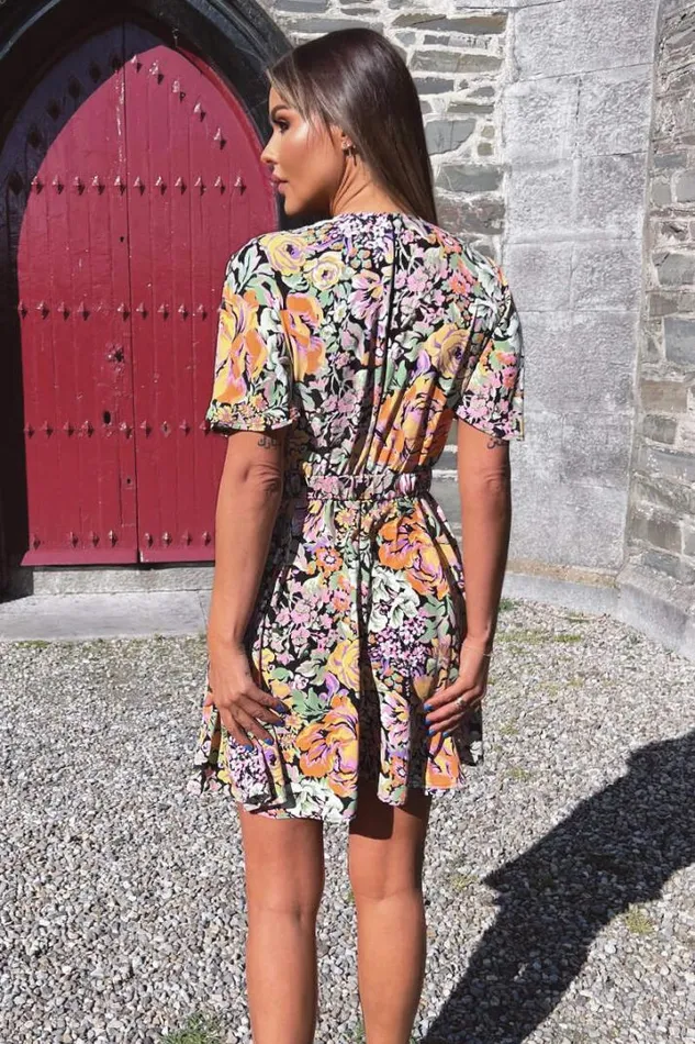 AX Paris Dresses Multi Floral Wrap Top Belted Skater Dress