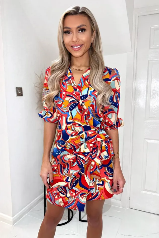 AX Paris Dresses Multi Printed 34 Cuffed Sleeve Wrap Tie Mini Dress