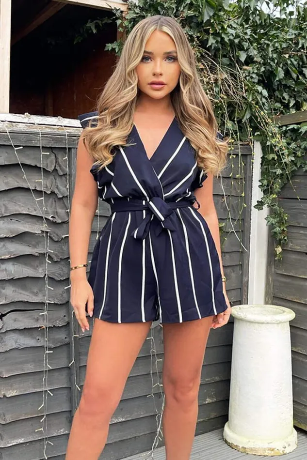 AX Paris Dresses Navy Striped Wrap Top Belted Playsuit