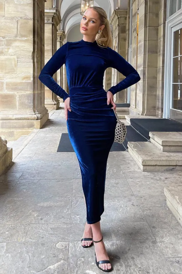 AX Paris Dresses Navy Velvet Long Sleeve Split Skirt Midi Dress