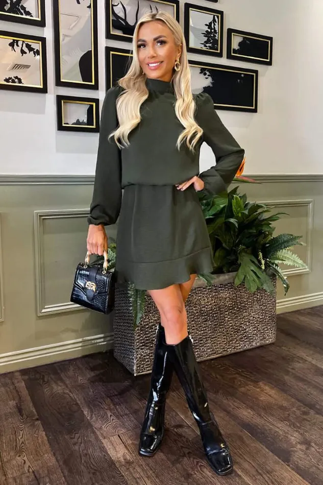 AX Paris Dresses Olive High Neck Long Sleeve Mini Dress