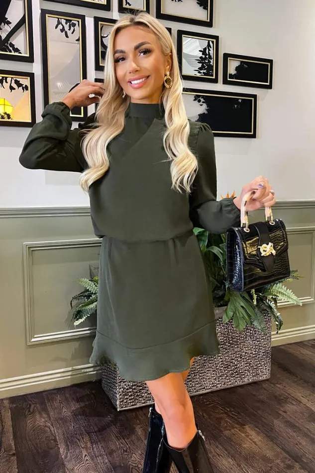 AX Paris Dresses Olive High Neck Long Sleeve Mini Dress