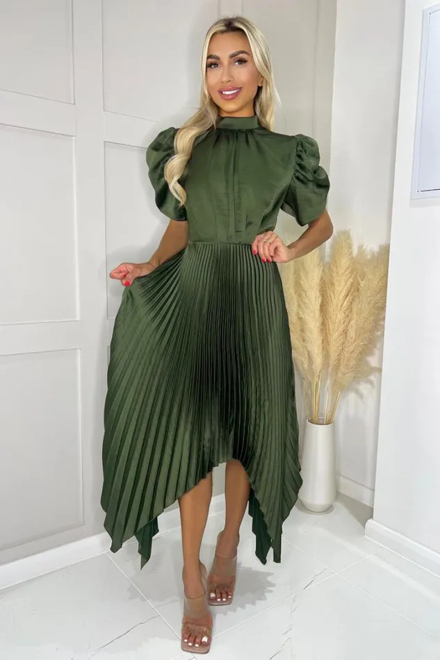 AX Paris Dresses Olive High Neck Puff Sleeve Zig Zag Hem Pleated Midi Dress