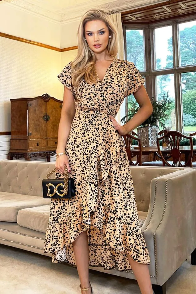 AX Paris Dresses Peach And Black Printed Wrap Over Frill Hem Short Sleeve Midi Dress