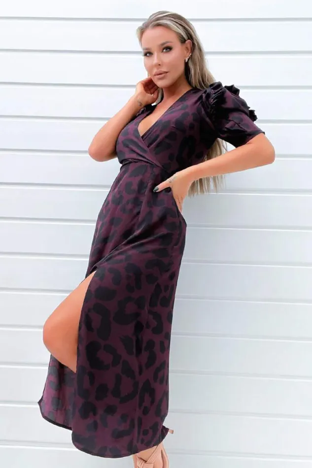 AX Paris Dresses Plum Animal Print Pleated Sleeve Midi Dress