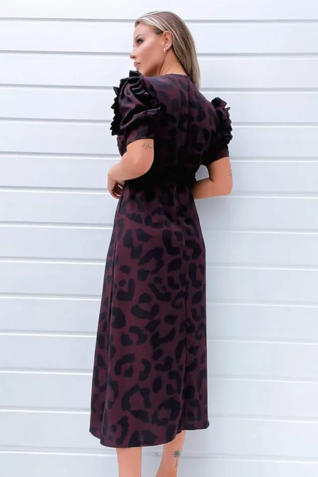 AX Paris Dresses Plum Animal Print Pleated Sleeve Midi Dress