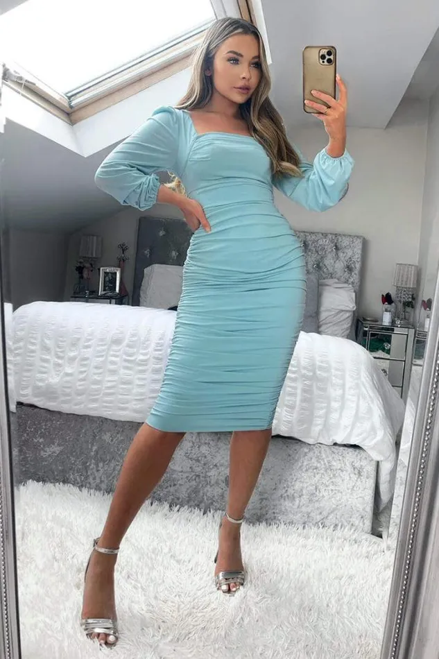 AX Paris Dresses Powder Blue Square Neck Ruched Long Sleeve Midi Dress