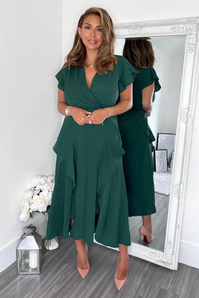 AX Paris Dresses Teal Frill Detail Double Split Skirt Midi Dress