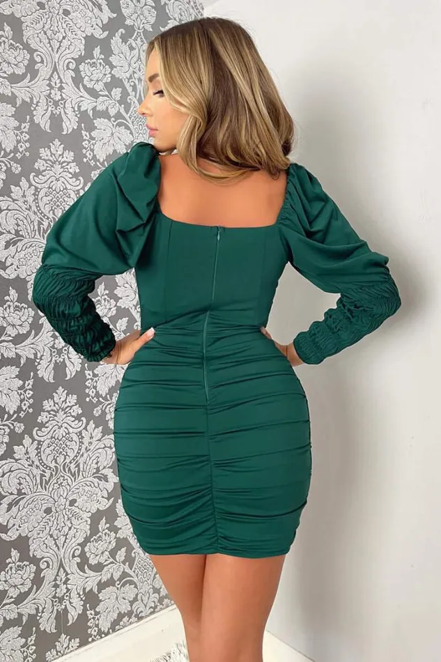 AX Paris Dresses Teal Shirred Sleeve Ruched Skirt Mini Bodycon Dress