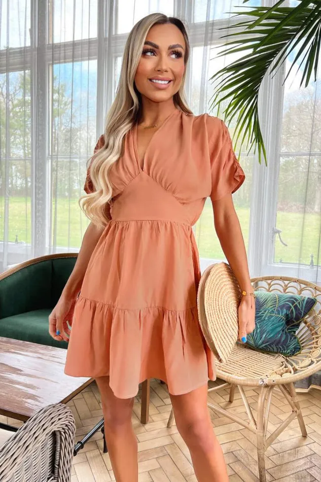 AX Paris Dresses Terracotta Short Sleeve Tie Back V Neck Mini Dress