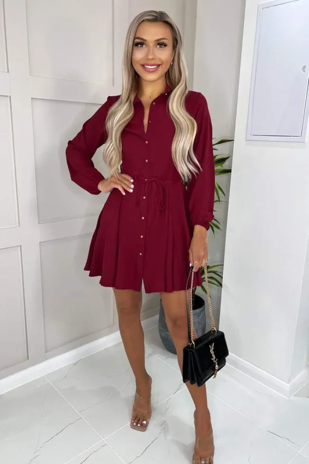 AX Paris Dresses Wine Long Sleeve Belted Pleated Skater Dress