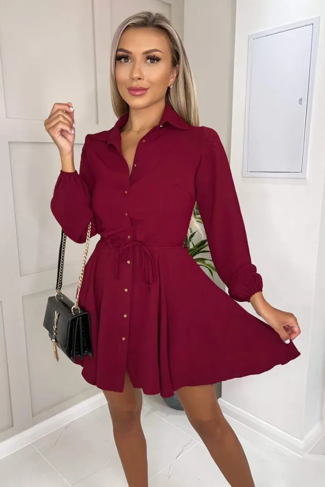 AX Paris Dresses Wine Long Sleeve Belted Pleated Skater Dress