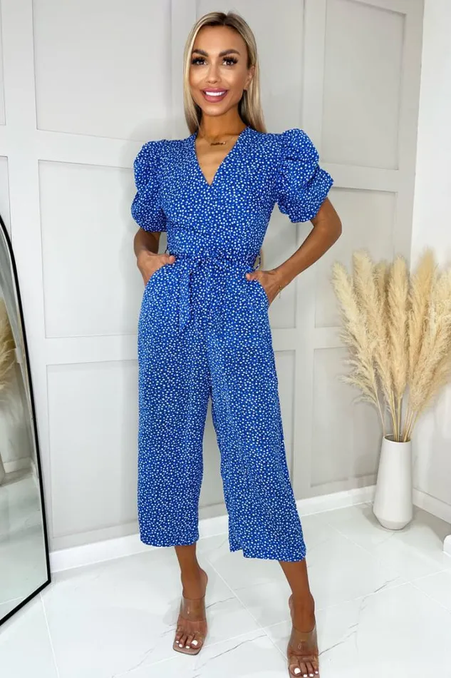 AX Paris Jumpsuits And Playsuits Blue Printed Puff Sleeve Wrap Top Belted Jumpsuit